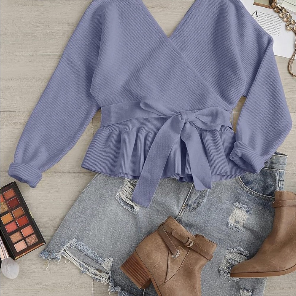 🔷NEW! Zesica Fall Wrap V-neck Long Batwing Sleeve Belted Waist Ruffle Sweater - Picture 4 of 11